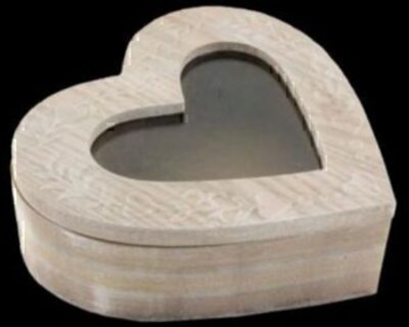 Shabby chic embossed wooden heart shaped trinket box with glass lid by Gisela Graham. Size 20x20x6.5cm